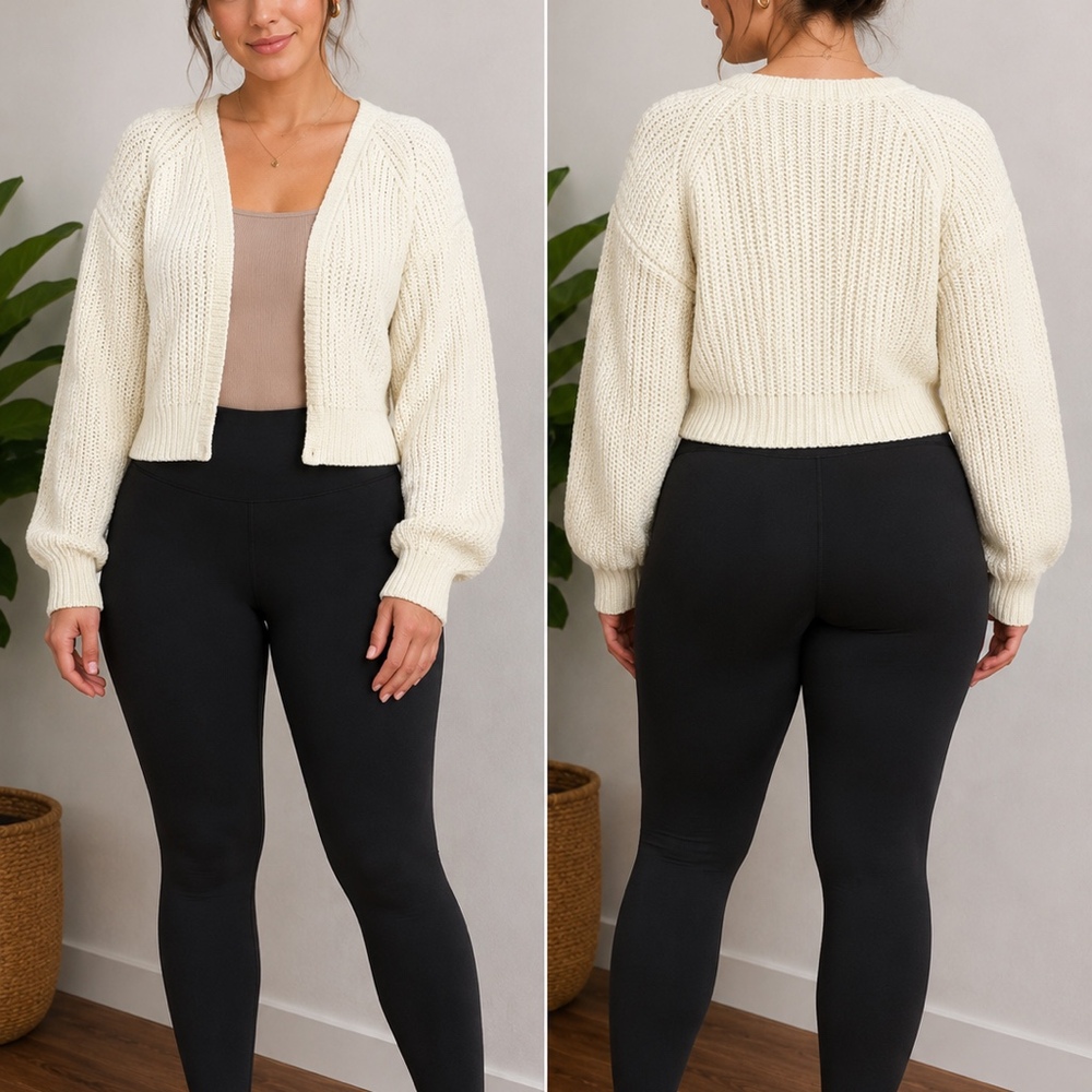 Cream White Cropped Knit Balloon Sleeve Sweater | Size M